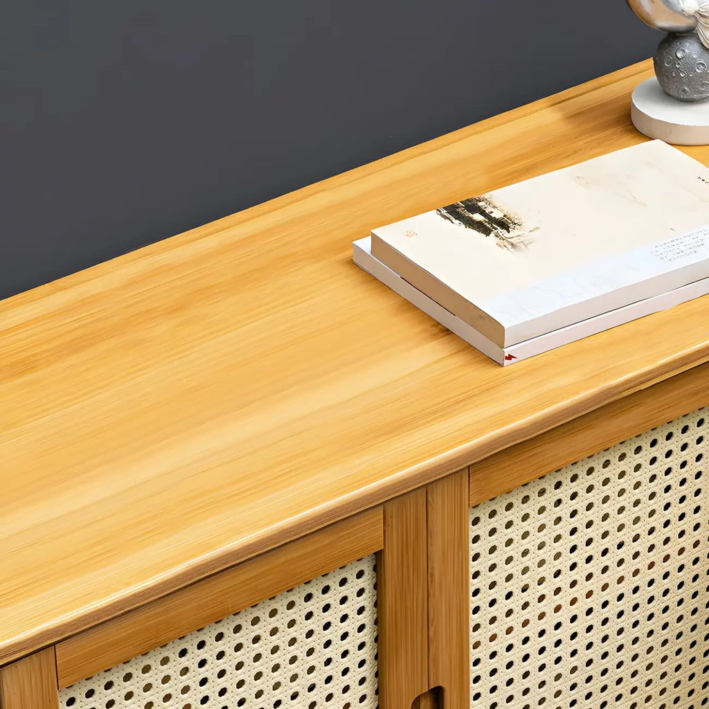 Bamboo Adjustable Shelves Shoe Storage with Rattan Doors