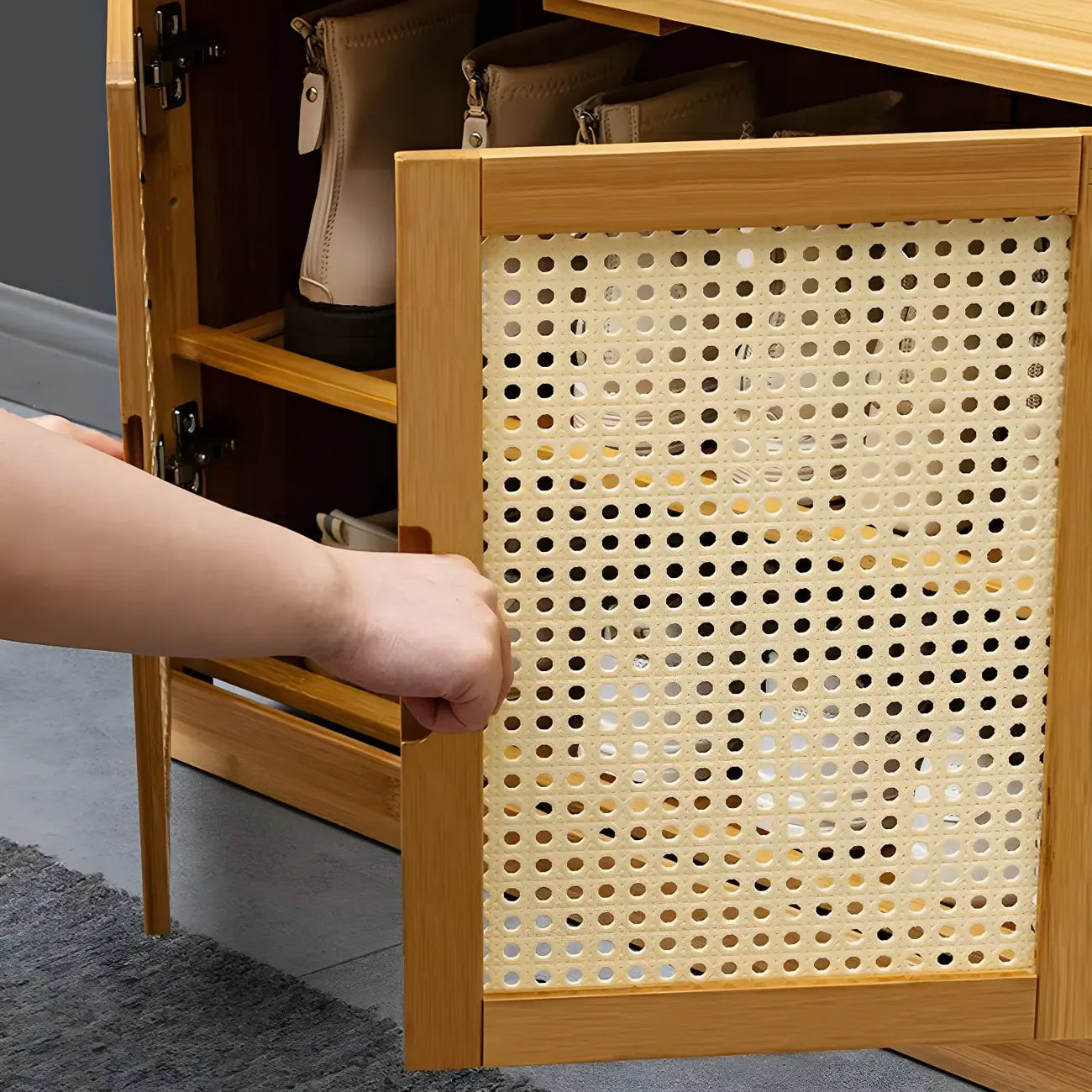 Bamboo Adjustable Shelves Shoe Storage with Rattan Doors