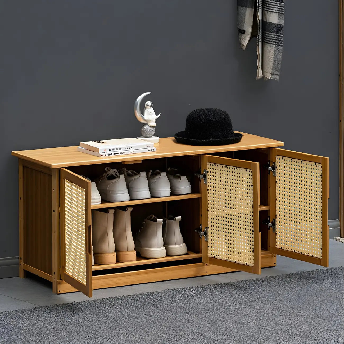 Bamboo Adjustable Shelves Shoe Storage with Rattan Doors