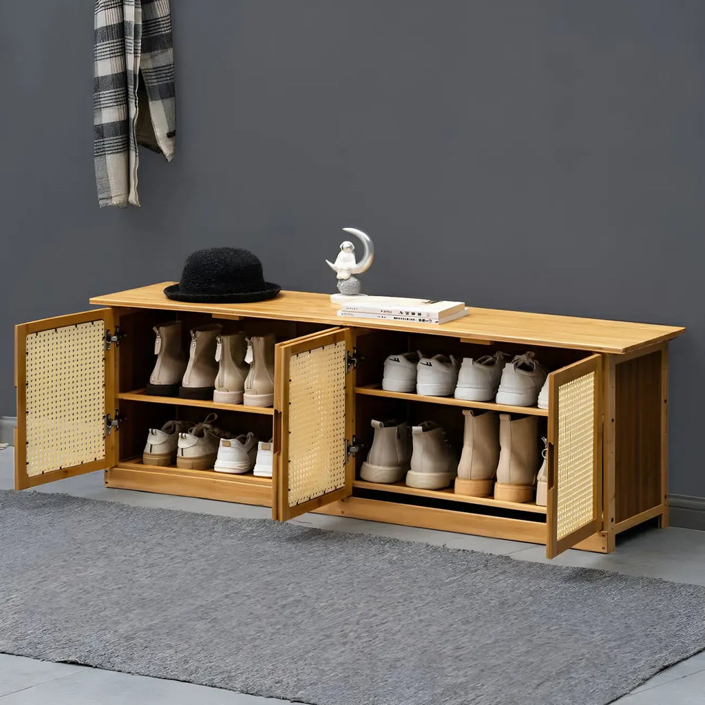 Bamboo Adjustable Shelves Shoe Storage with Rattan Doors