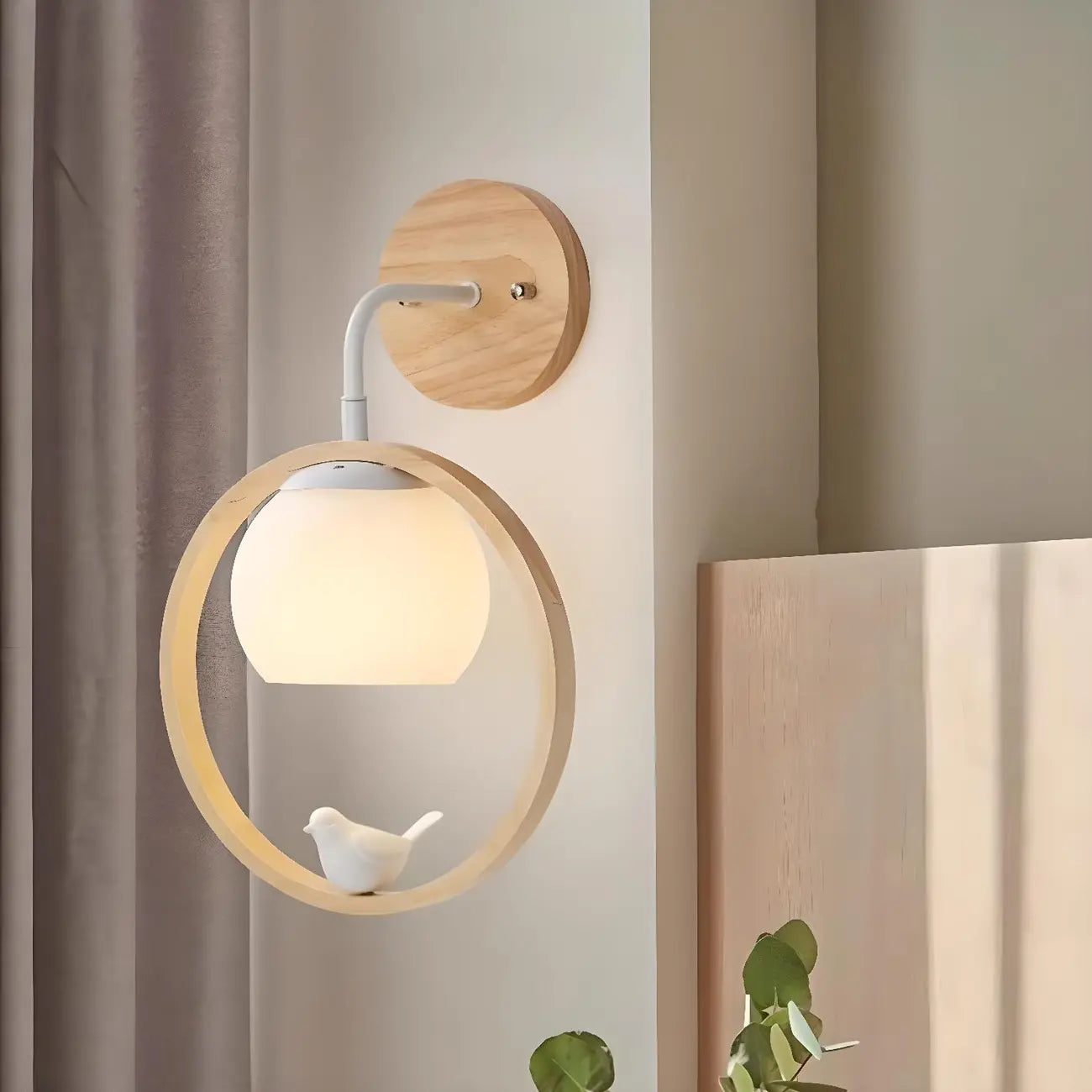 Creative Wooden Ring Wall Sconce with Bird for Living Room