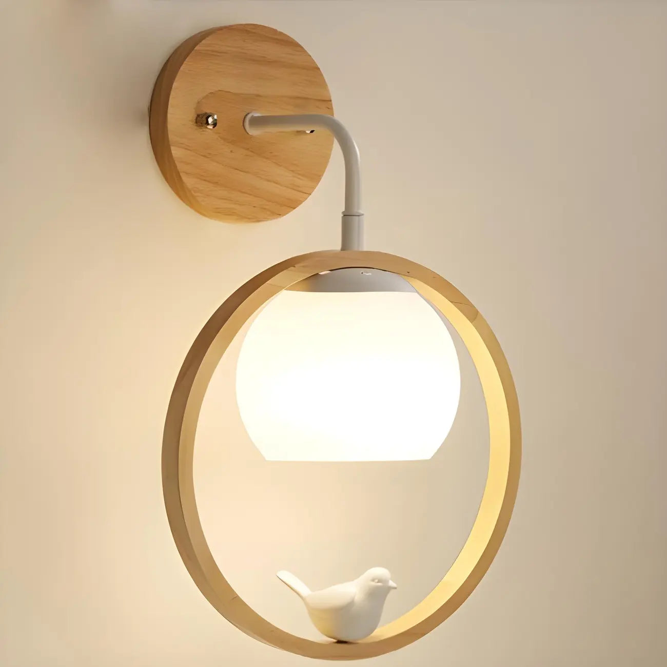 Creative Wooden Ring Wall Sconce with Bird for Living Room