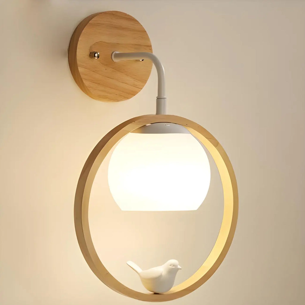 Creative Wooden Ring Wall Sconce with Bird for Living Room