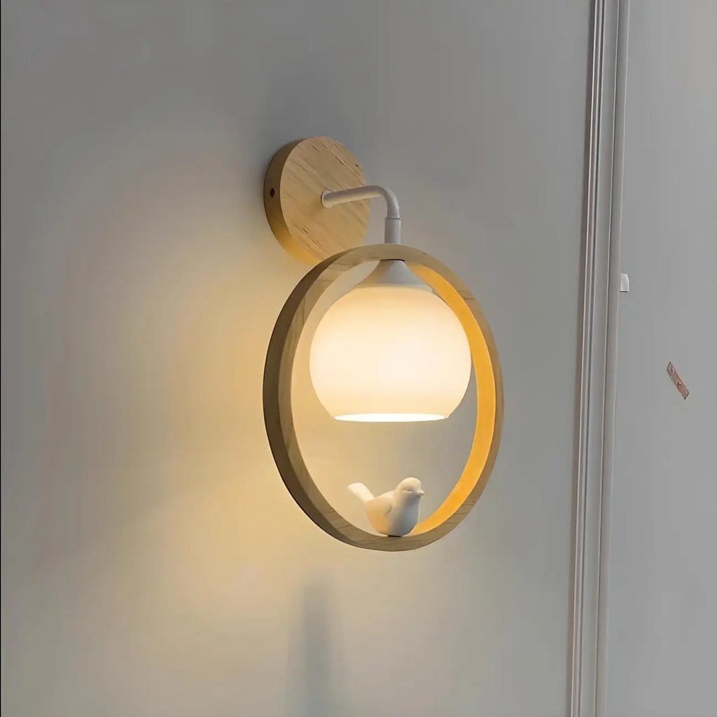 Creative Wooden Ring Wall Sconce with Bird for Living Room