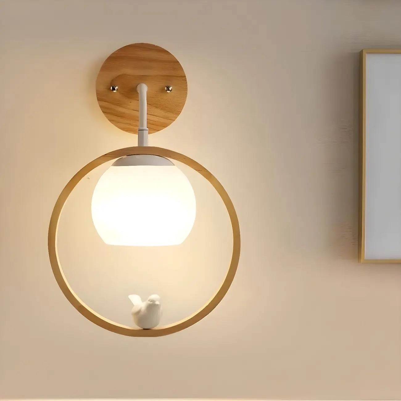 Creative Wooden Ring Wall Sconce with Bird for Living Room