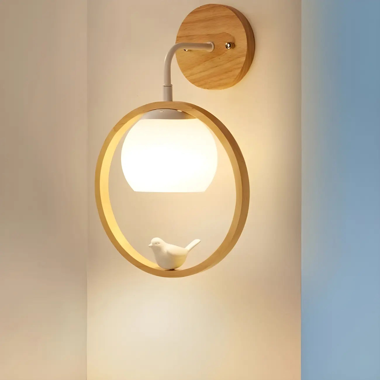 Creative Wooden Ring Wall Sconce with Bird for Living Room