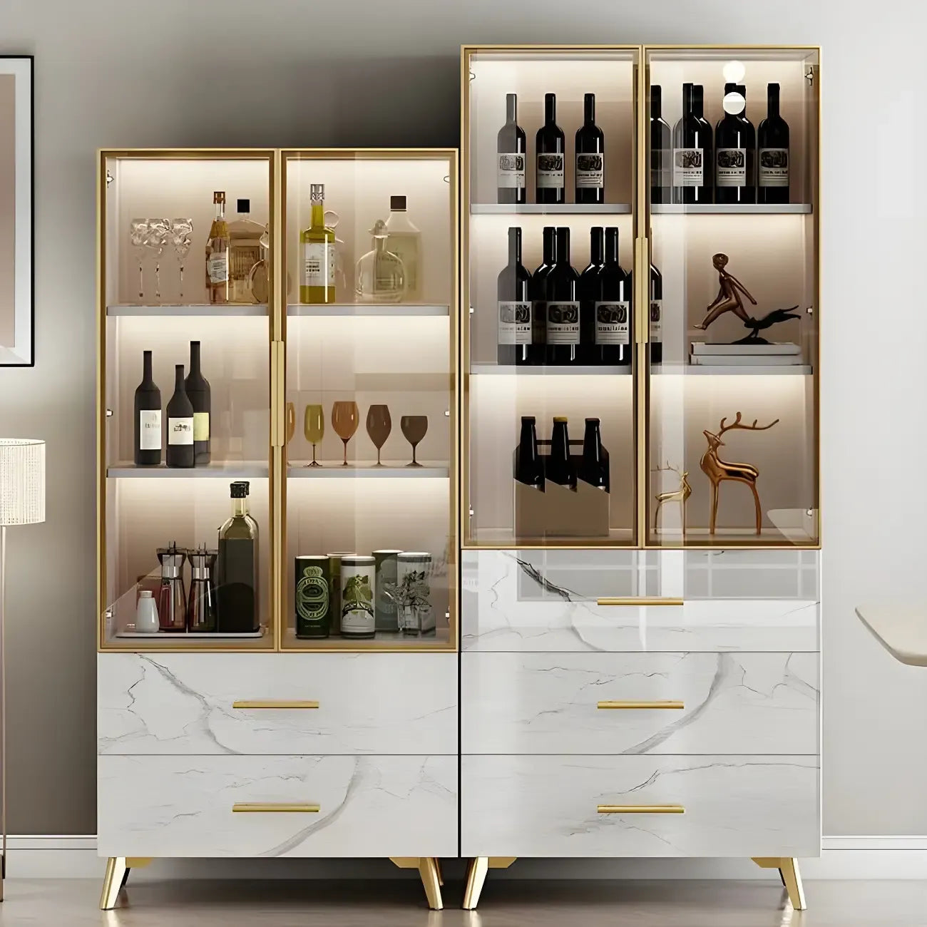 Modern Gold White Marble-Textured Wood Glass Versatile Cabinet