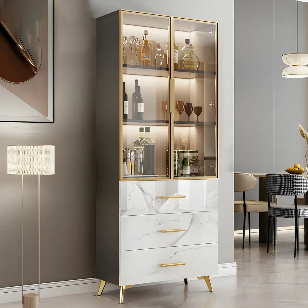 Modern Gold White Marble-Textured Wood Glass Versatile Cabinet