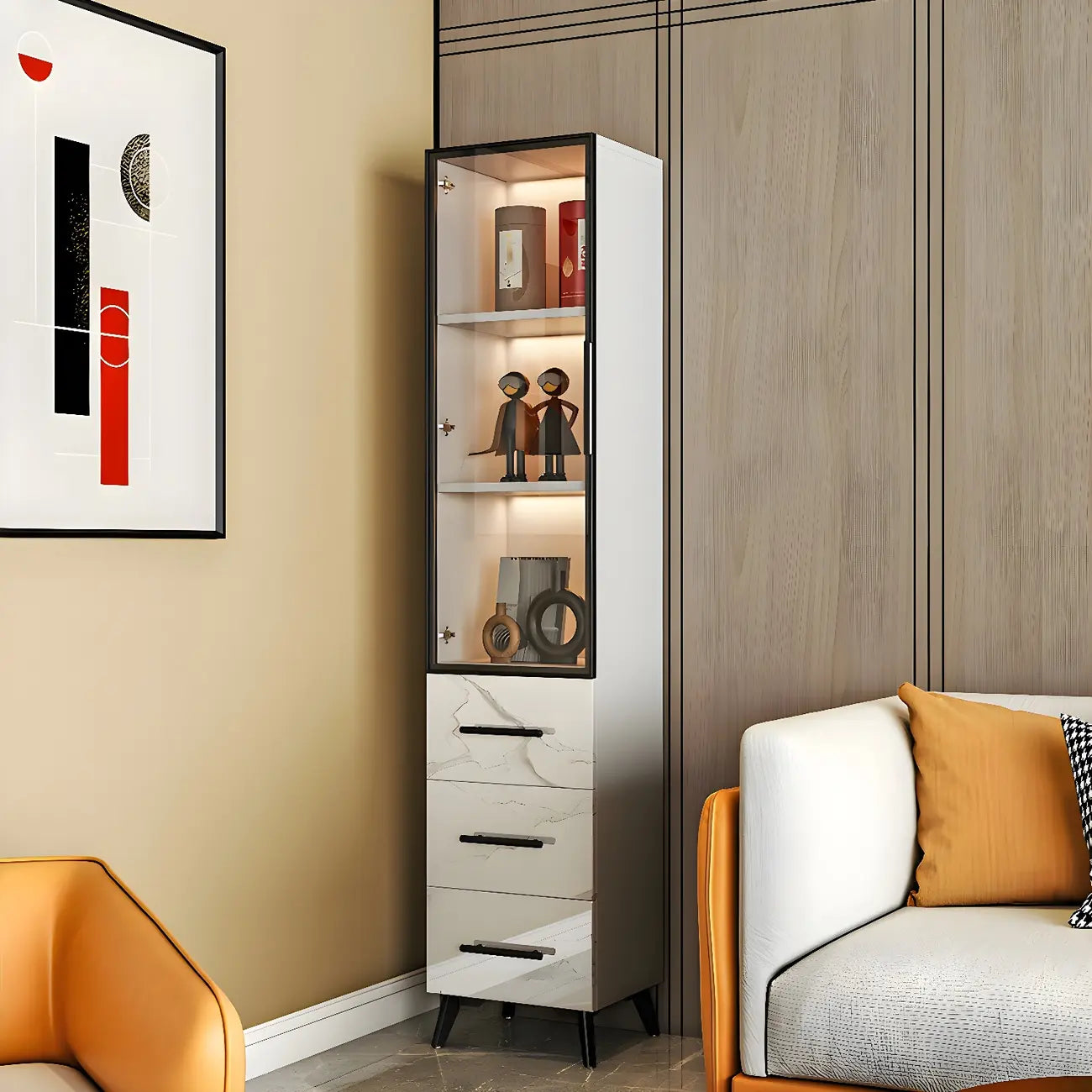 Modern Gold White Marble-Textured Wood Glass Versatile Cabinet