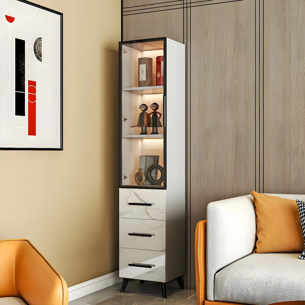 Modern Gold White Marble-Textured Wood Glass Versatile Cabinet