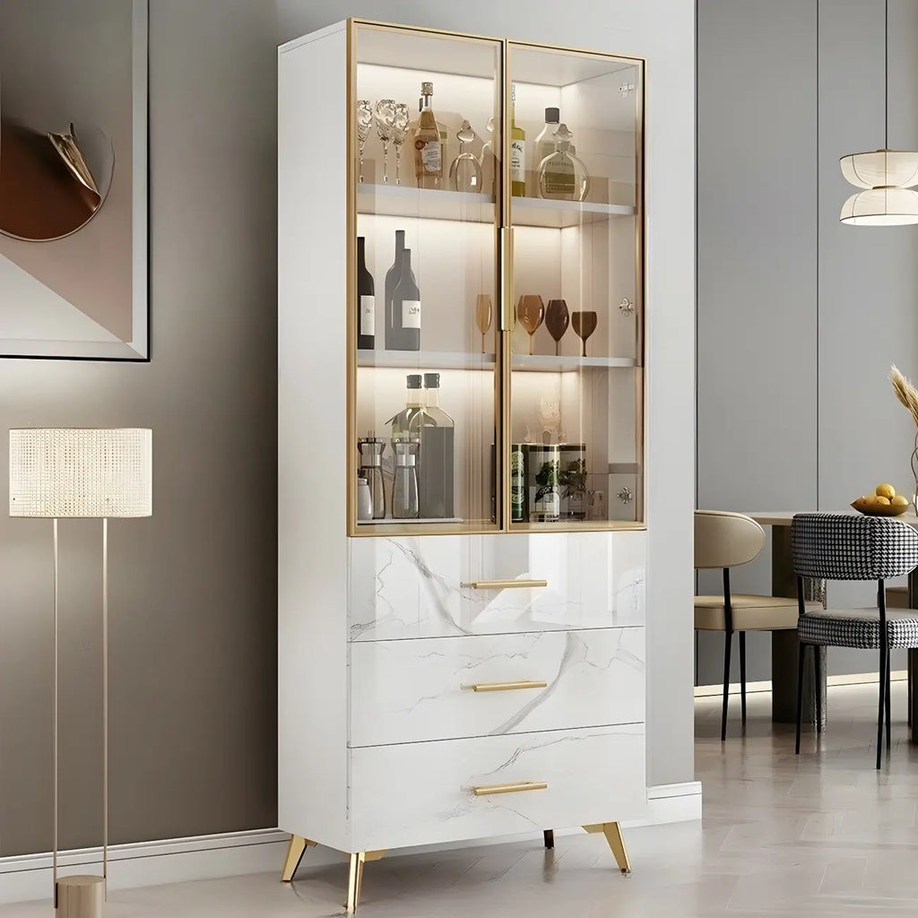 Modern Gold White Marble-Textured Wood Glass Versatile Cabinet