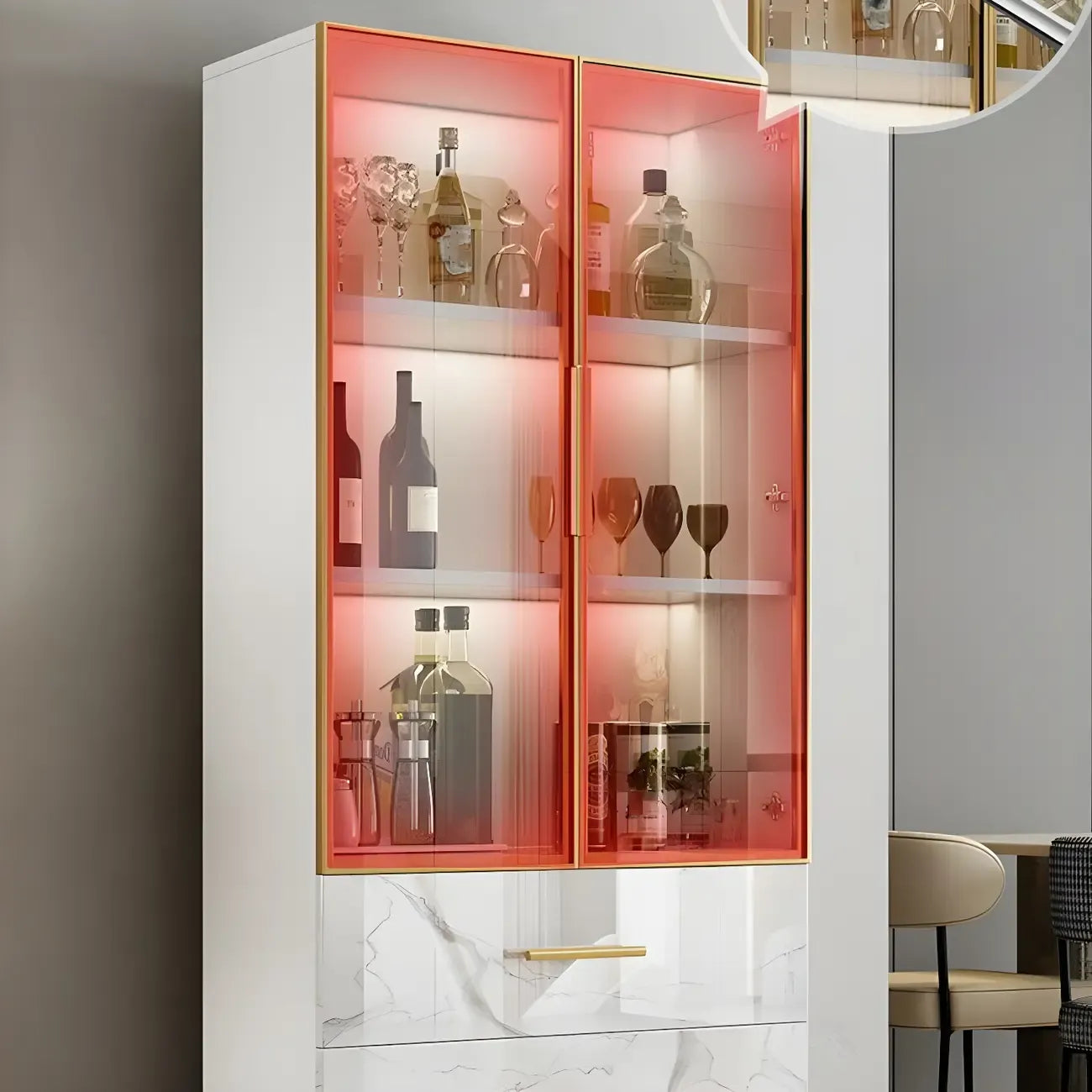 Modern Gold White Marble-Textured Wood Glass Versatile Cabinet