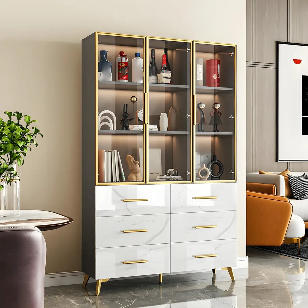 Modern Gold White Marble-Textured Wood Glass Versatile Cabinet