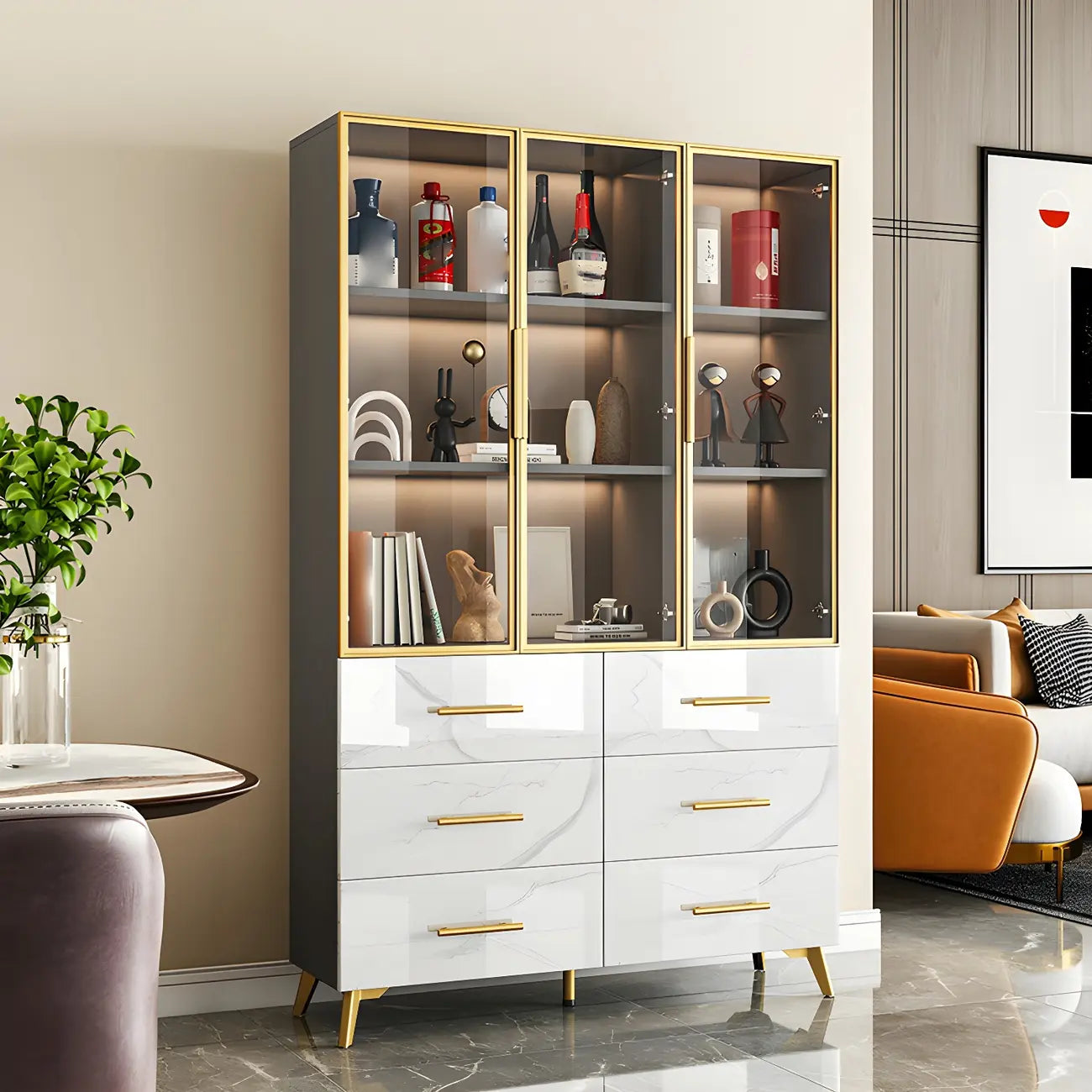 Modern Gold White Marble-Textured Wood Glass Versatile Cabinet