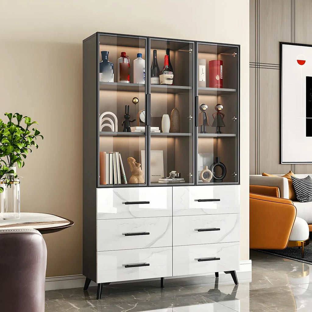 Modern Gold White Marble-Textured Wood Glass Versatile Cabinet