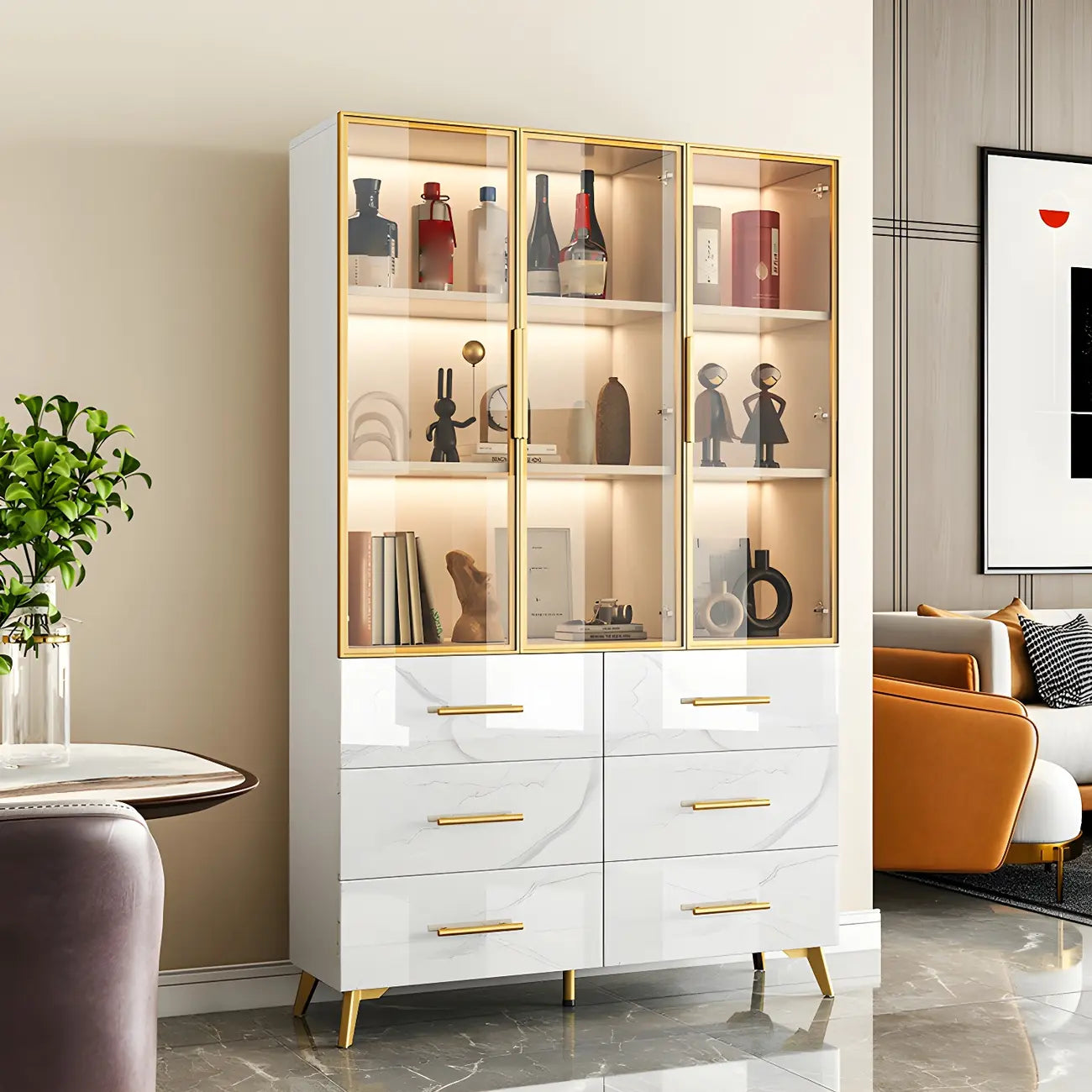 Modern Gold White Marble-Textured Wood Glass Versatile Cabinet