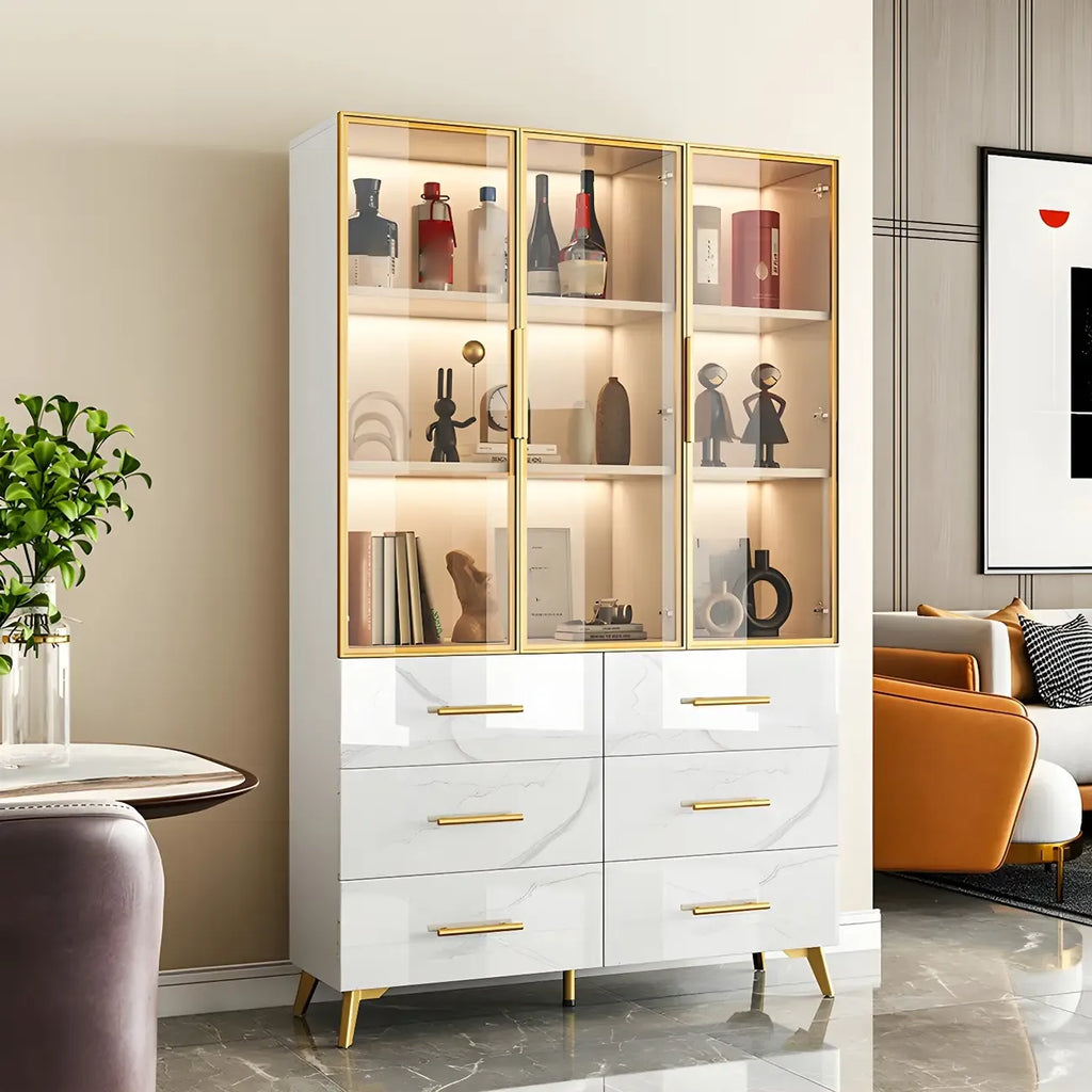 Modern Gold White Marble-Textured Wood Glass Versatile Cabinet