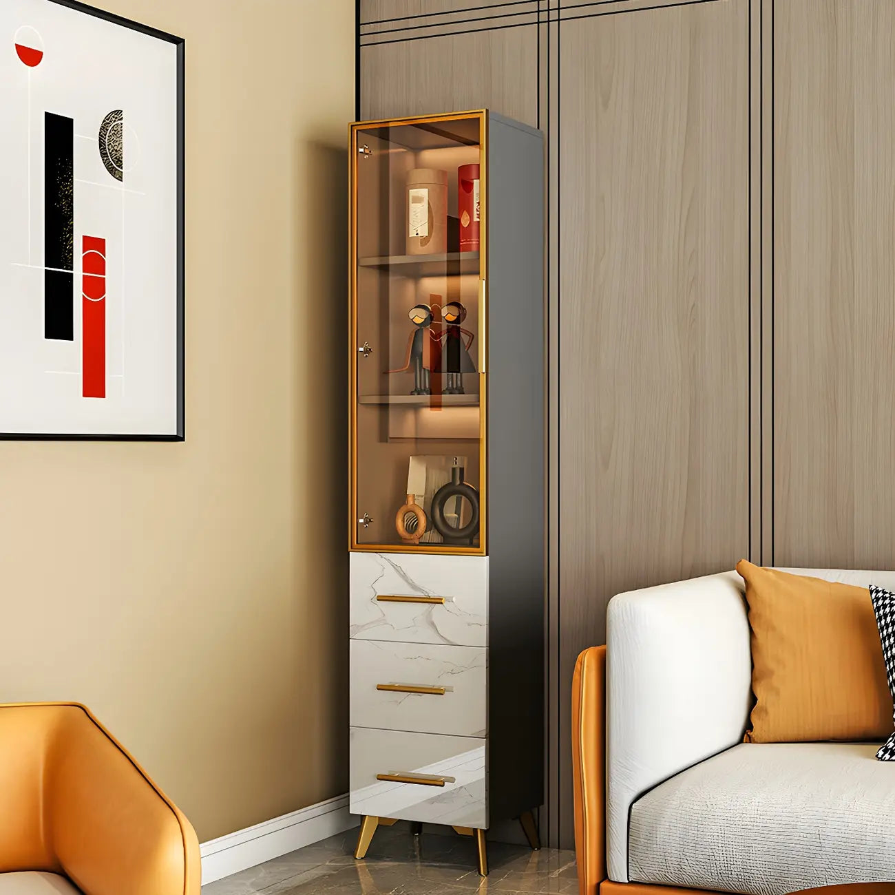 Modern Gold White Marble-Textured Wood Glass Versatile Cabinet