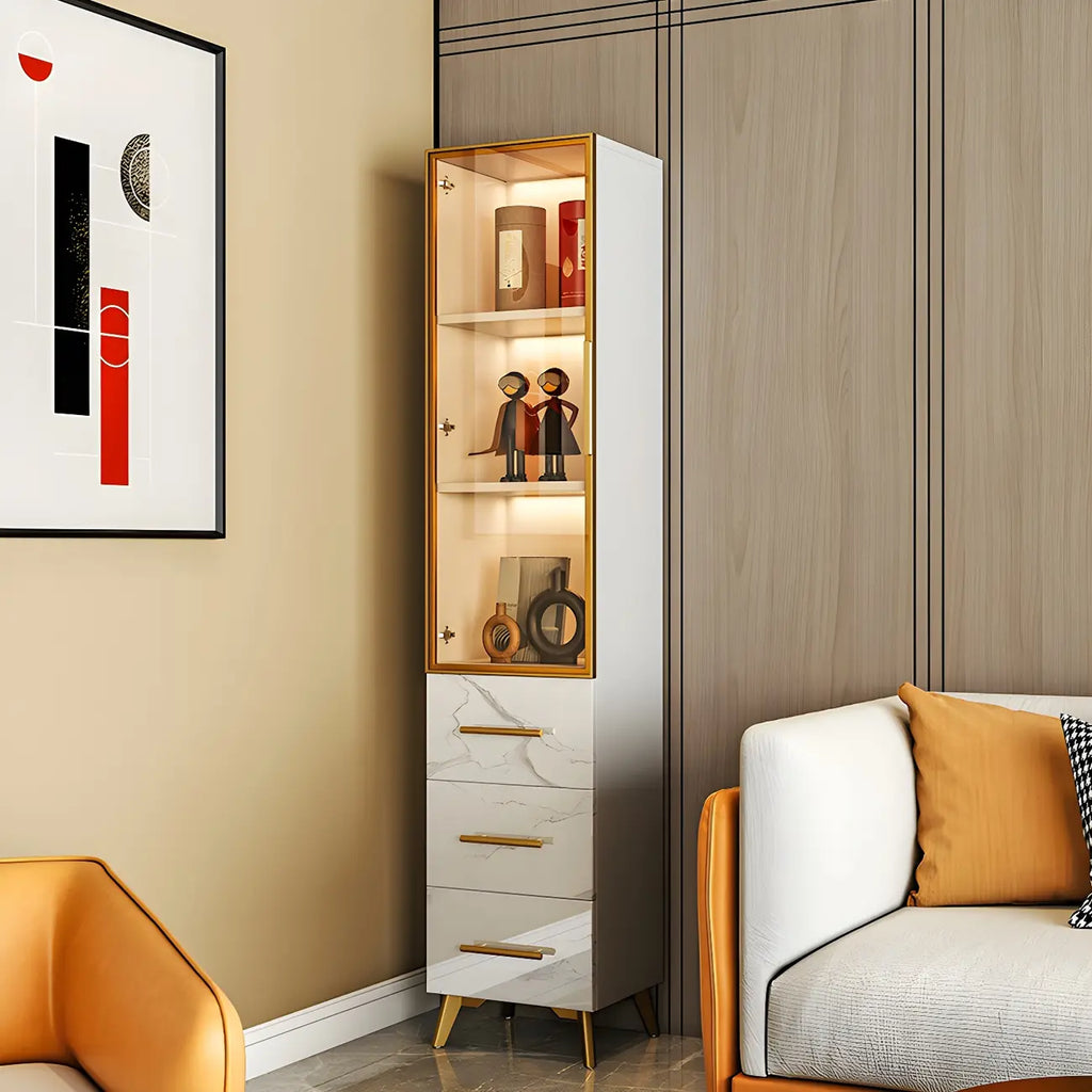 Modern Gold White Marble-Textured Wood Glass Versatile Cabinet