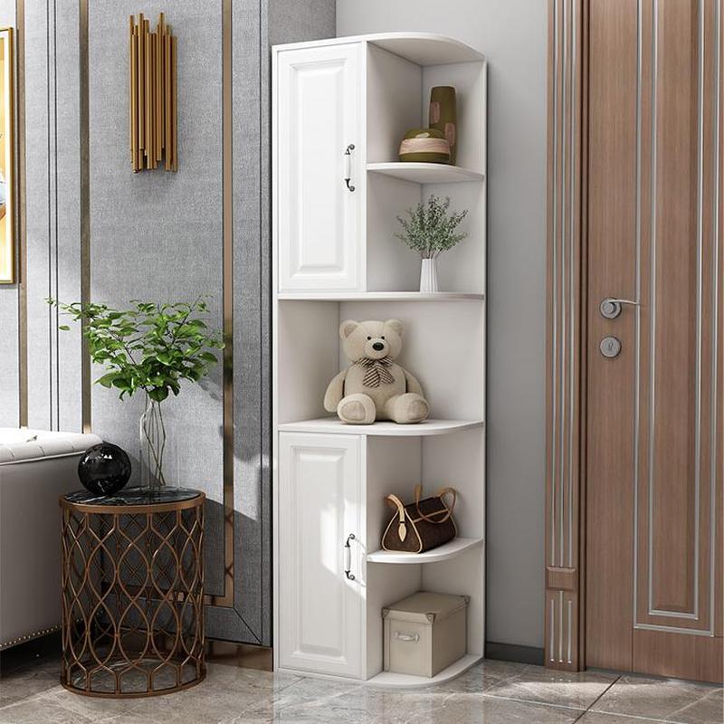 Modern White Wood Corner Utility Cabinet with Open Shelves
