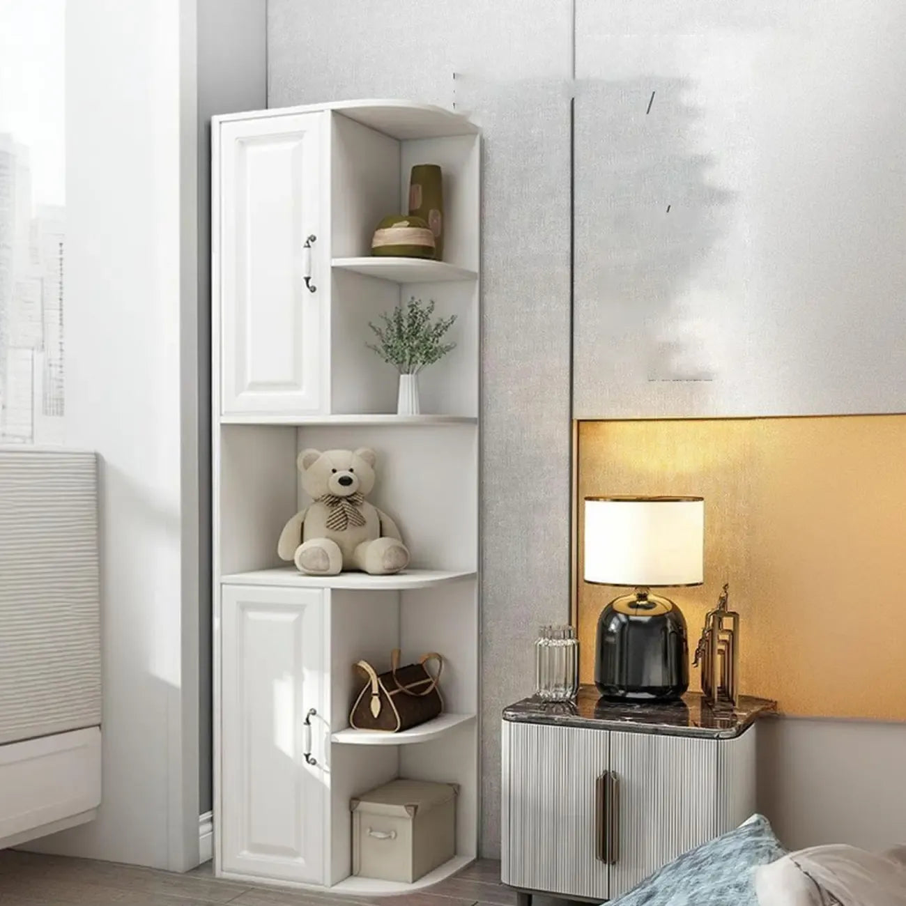 Modern White Wood Corner Utility Cabinet with Open Shelves