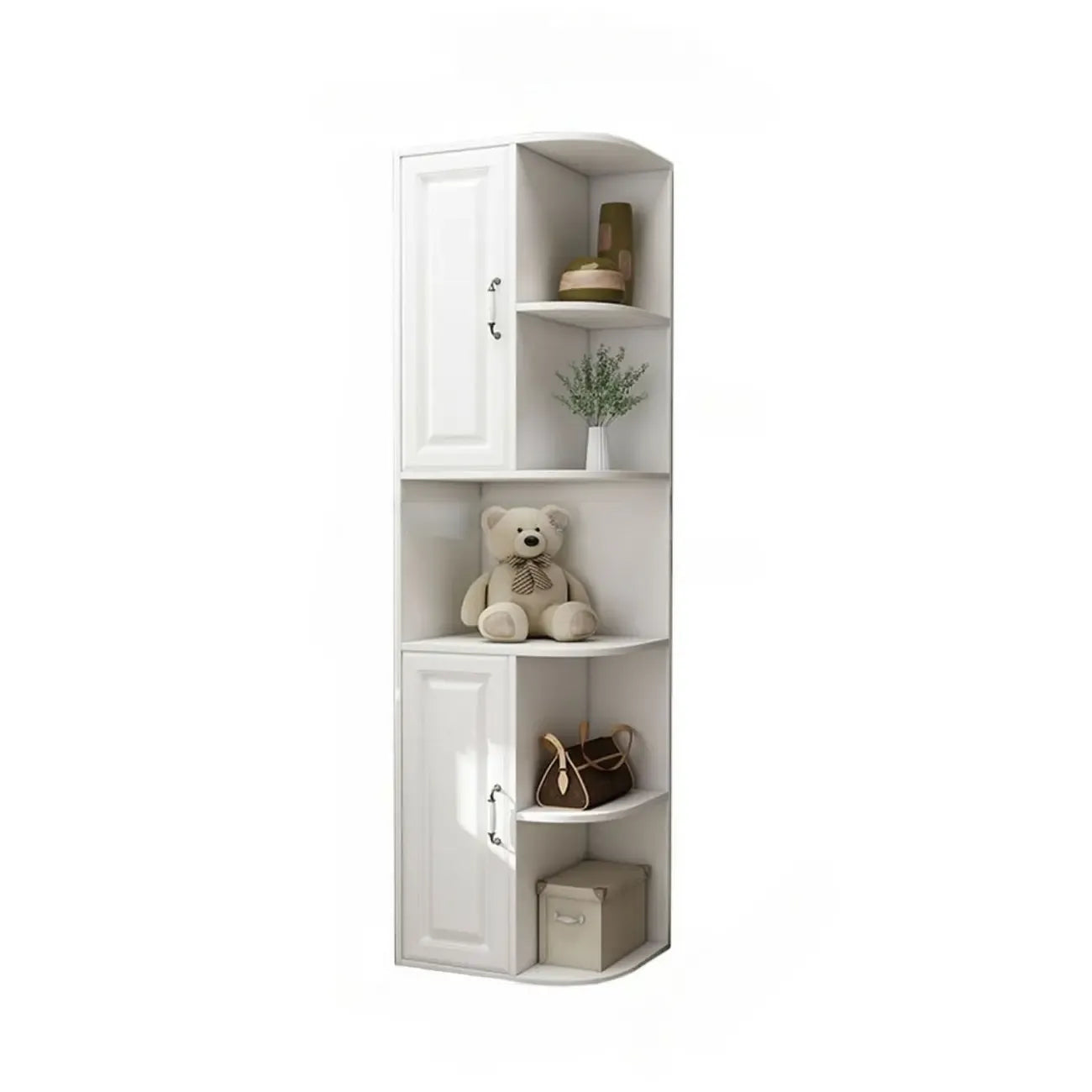 Modern White Wood Corner Utility Cabinet with Open Shelves