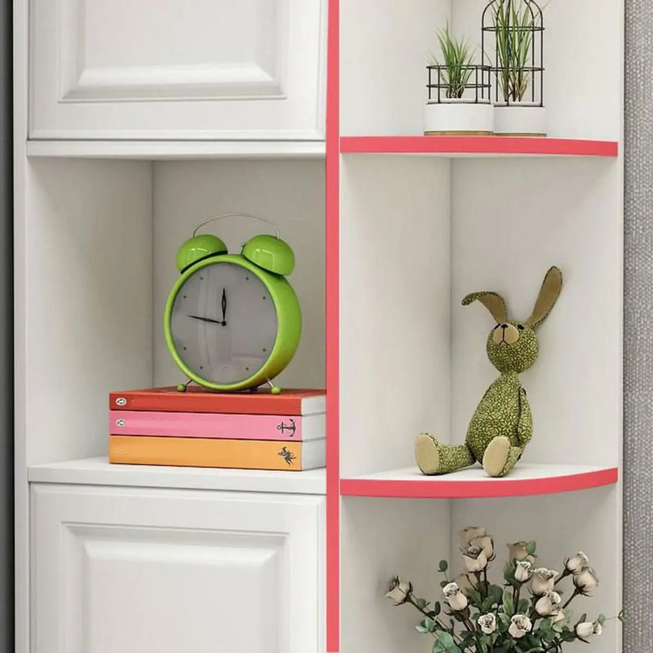 Modern White Wood Corner Utility Cabinet with Open Shelves