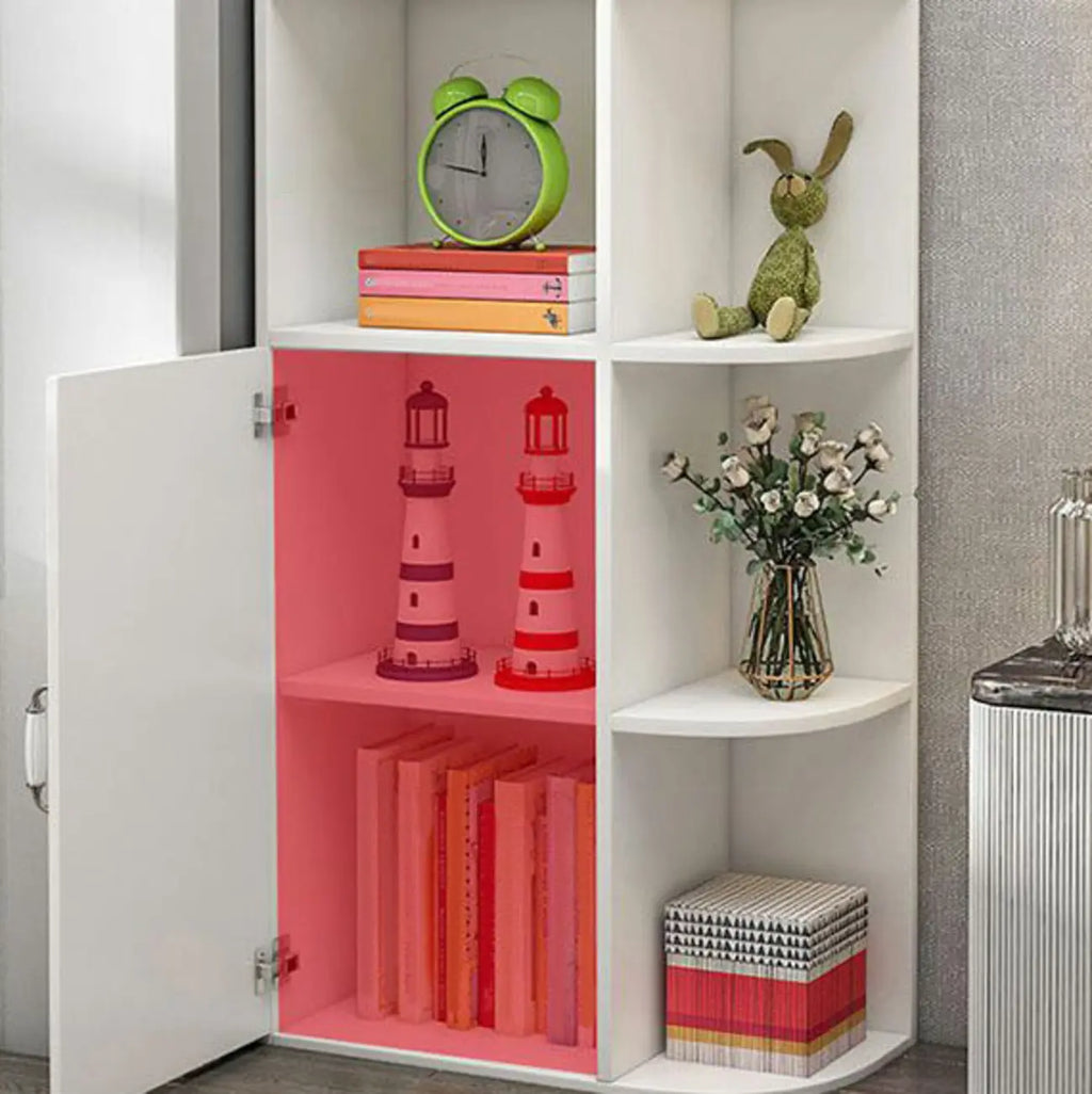 Modern White Wood Corner Utility Cabinet with Open Shelves