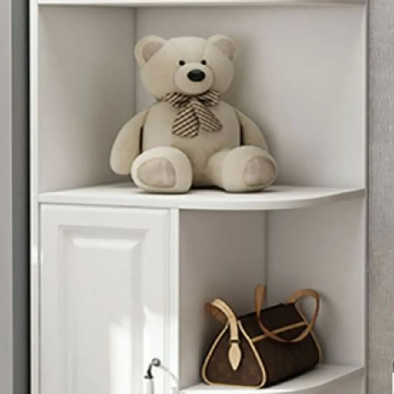 Modern White Wood Corner Utility Cabinet with Open Shelves