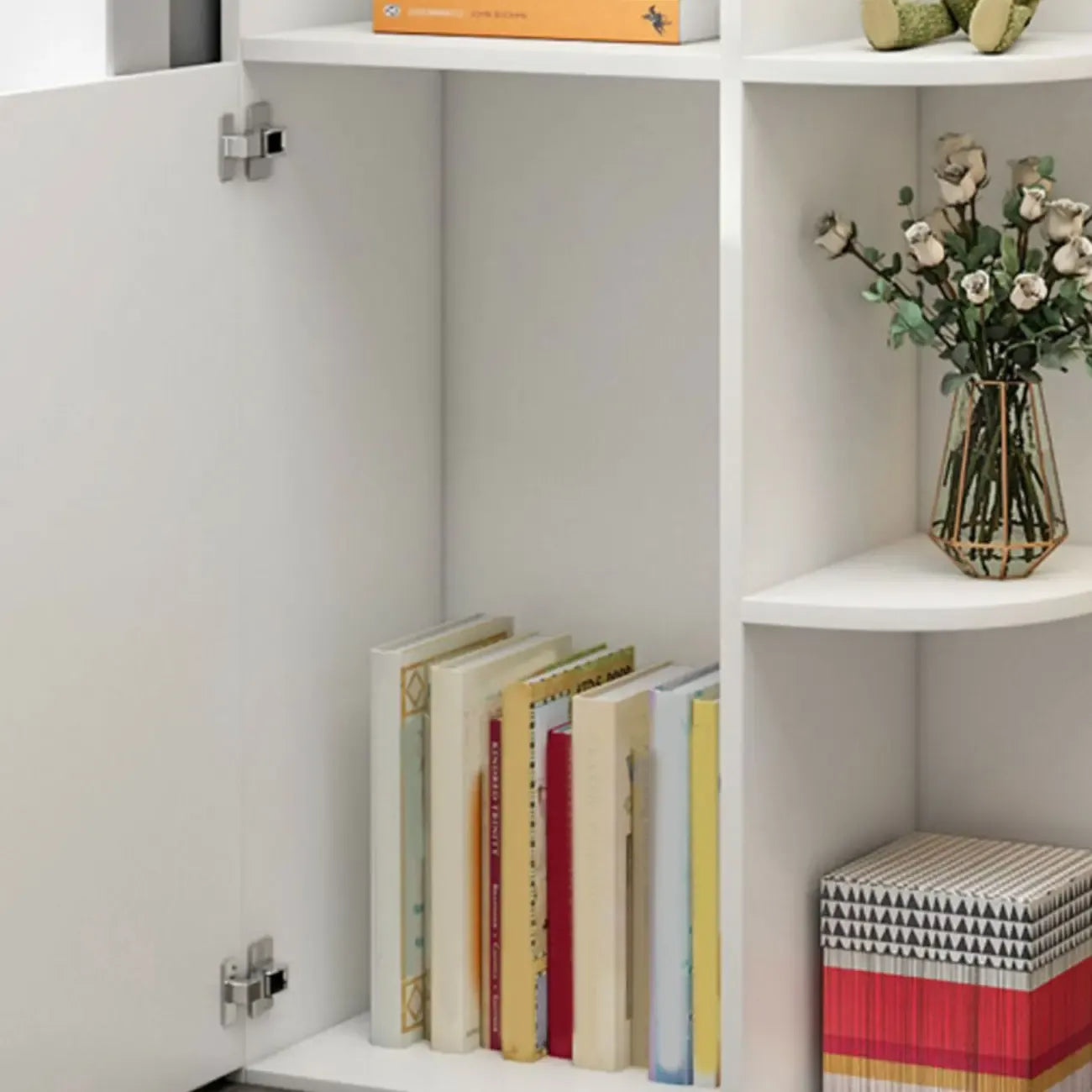 Modern White Wood Corner Utility Cabinet with Open Shelves