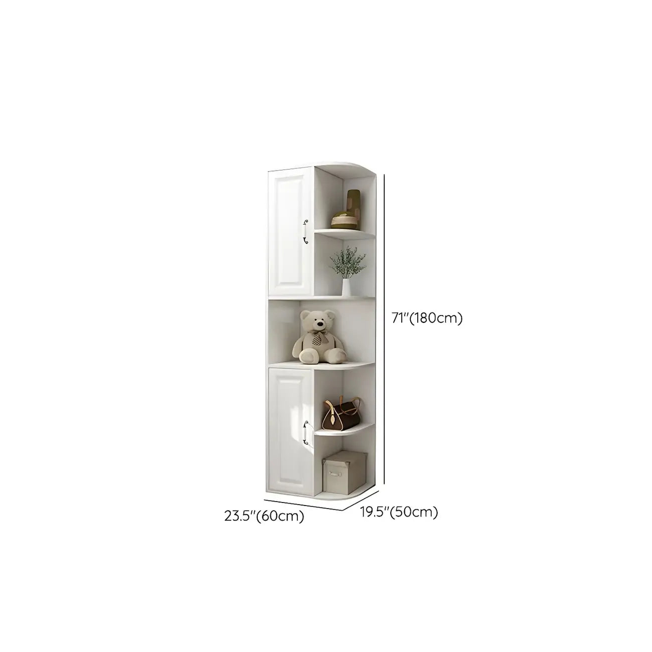 Modern White Wood Corner Utility Cabinet with Open Shelves
