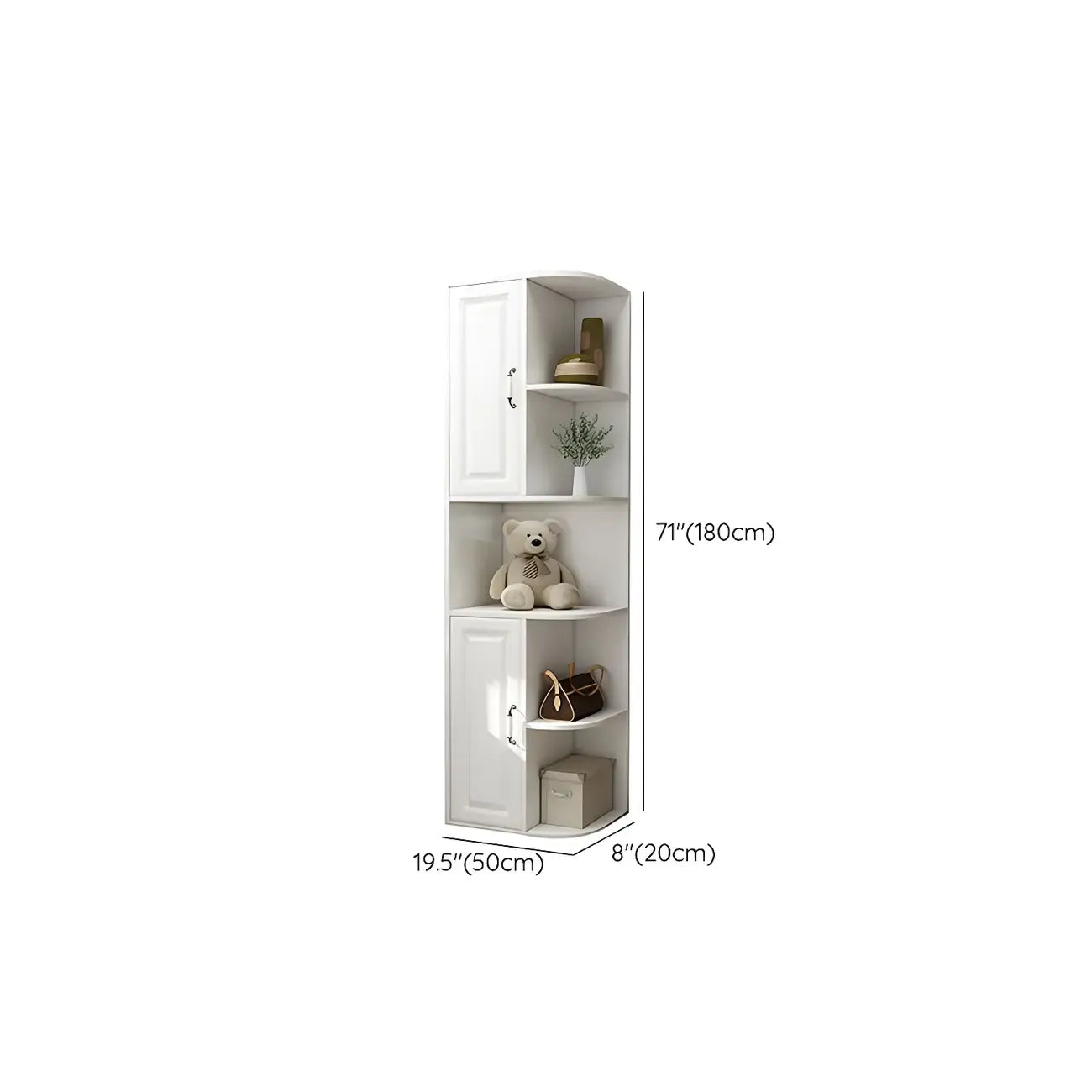 Modern White Wood Corner Utility Cabinet with Open Shelves
