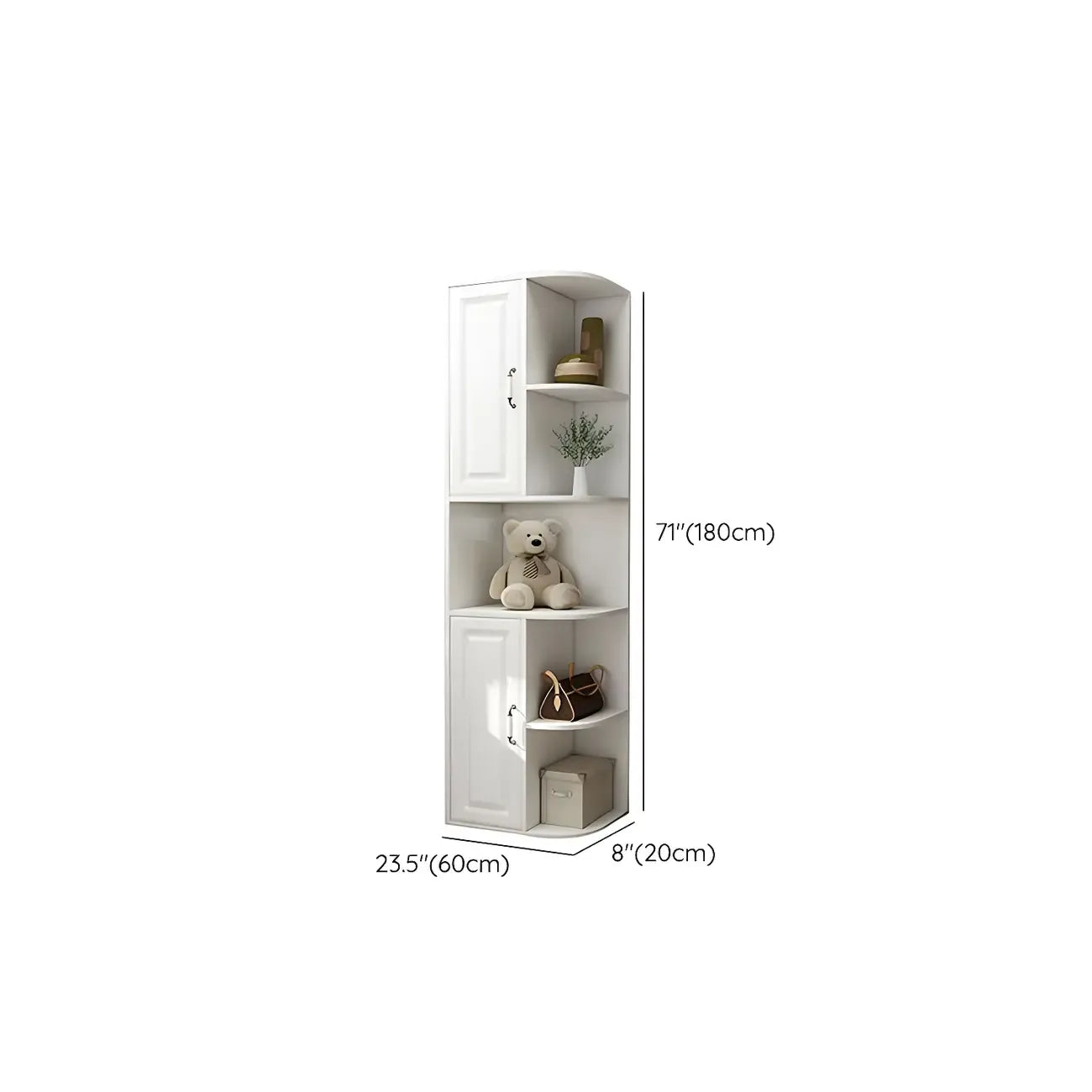 Modern White Wood Corner Utility Cabinet with Open Shelves