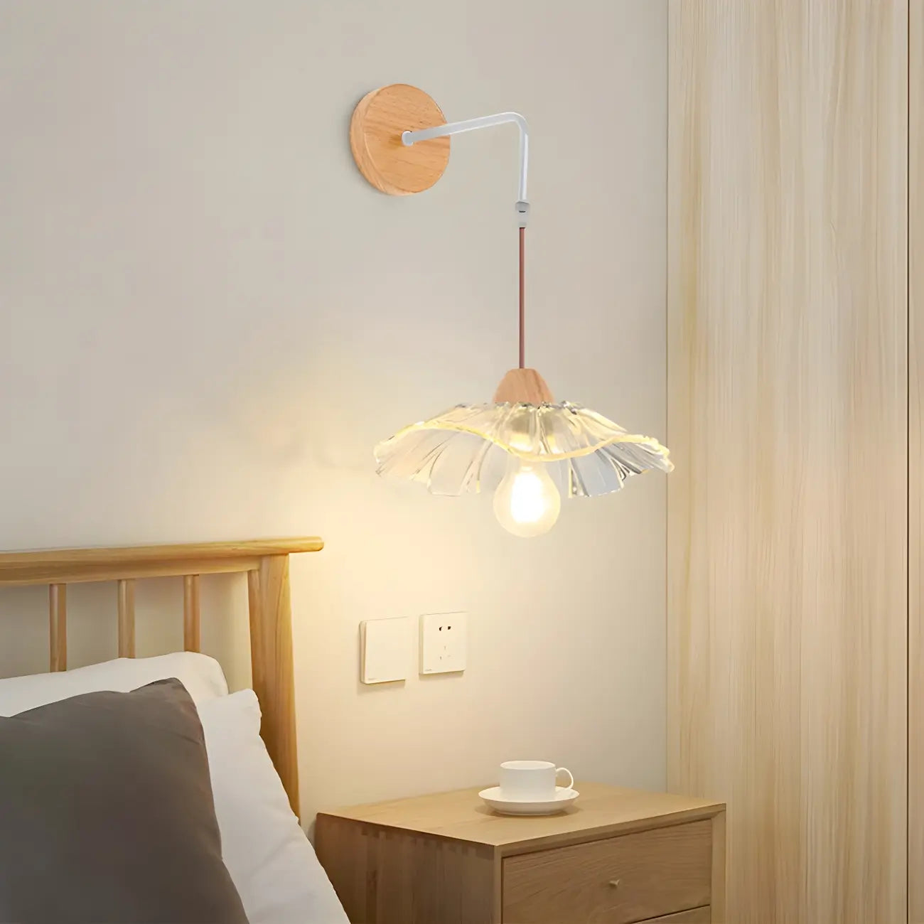 Simple Wood Glass Floral Shade Wall Sconce