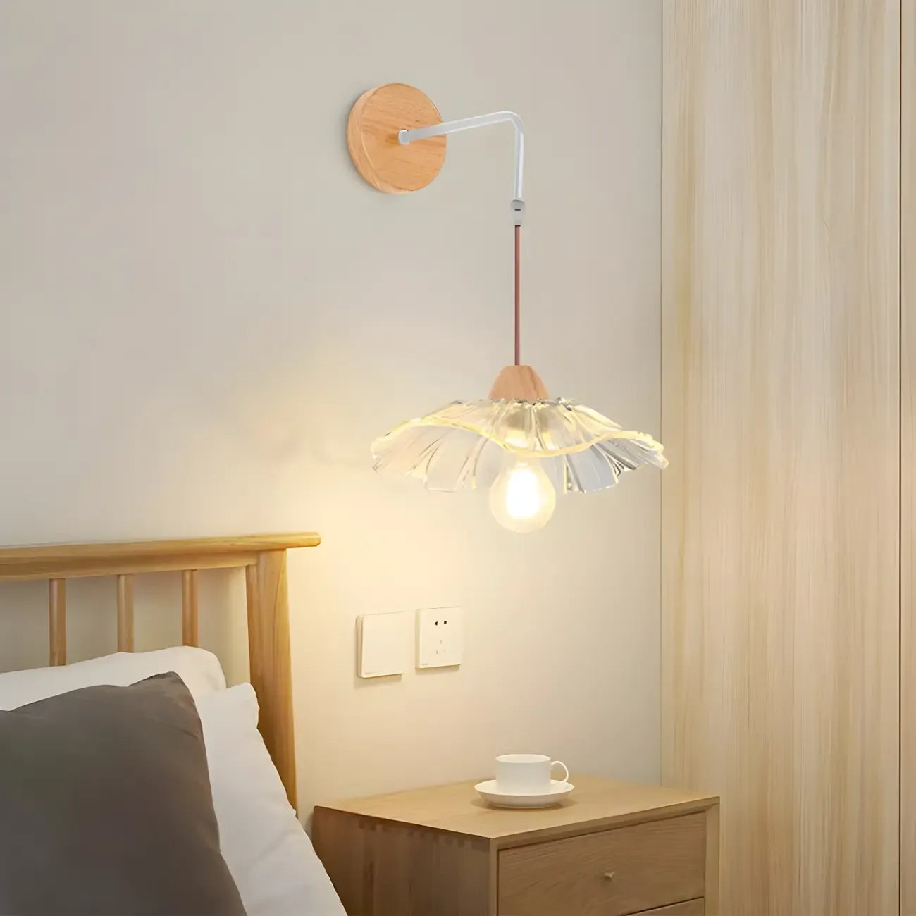 Simple Wood Glass Floral Shade Wall Sconce