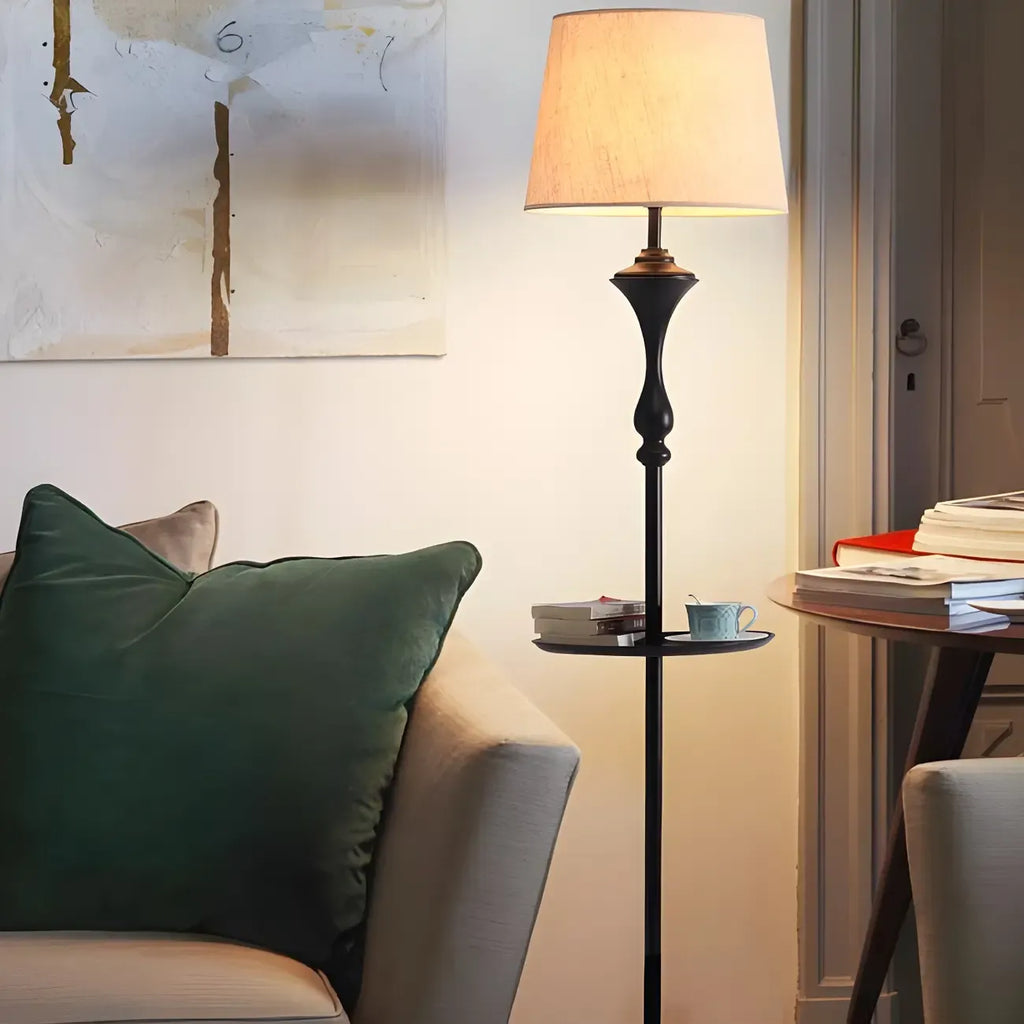 Traditional Drum Fabric Shade Standing Floor Lamp with Table