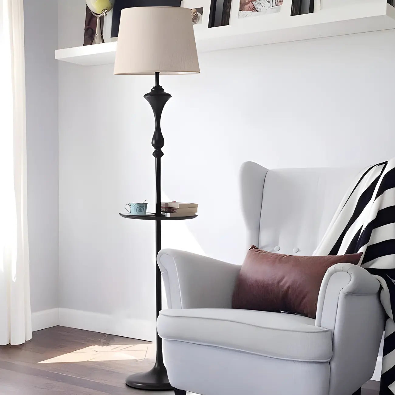 Traditional Drum Fabric Shade Standing Floor Lamp with Table