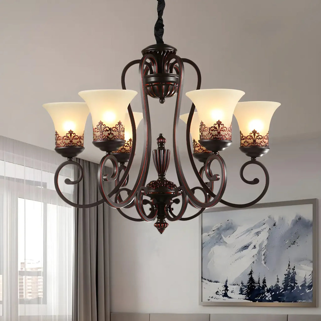 Rustic Red Brown Metal Frosted Glass Vintage Chandelier