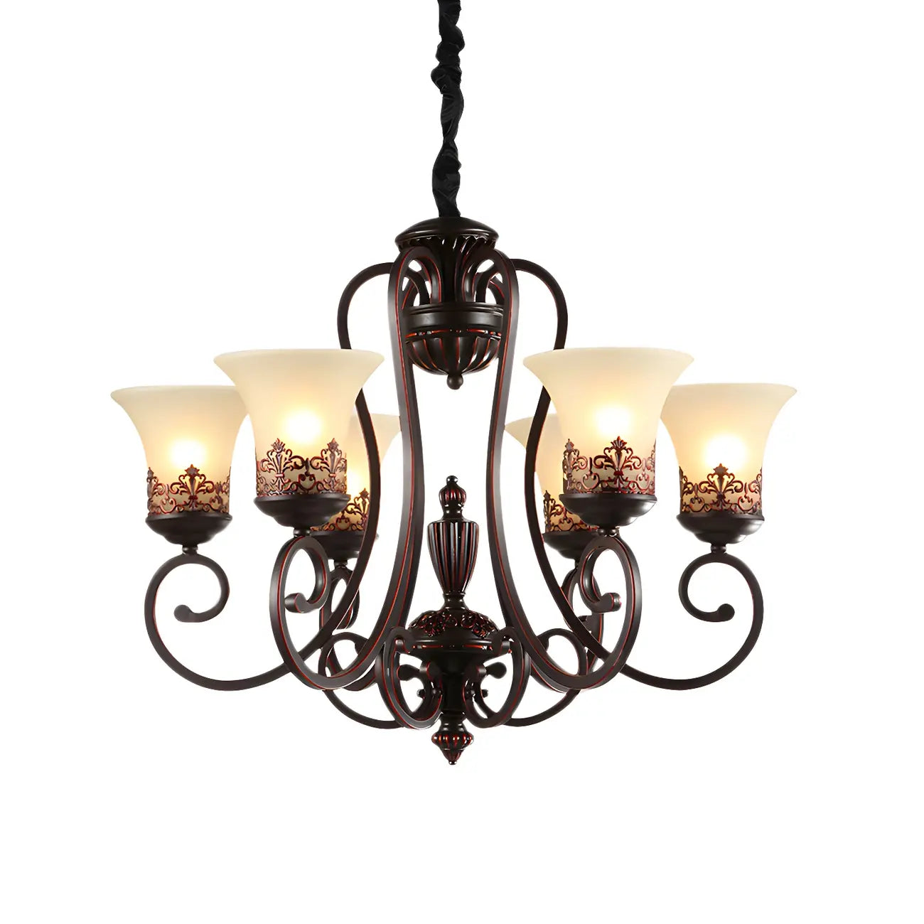 Rustic Red Brown Metal Frosted Glass Vintage Chandelier