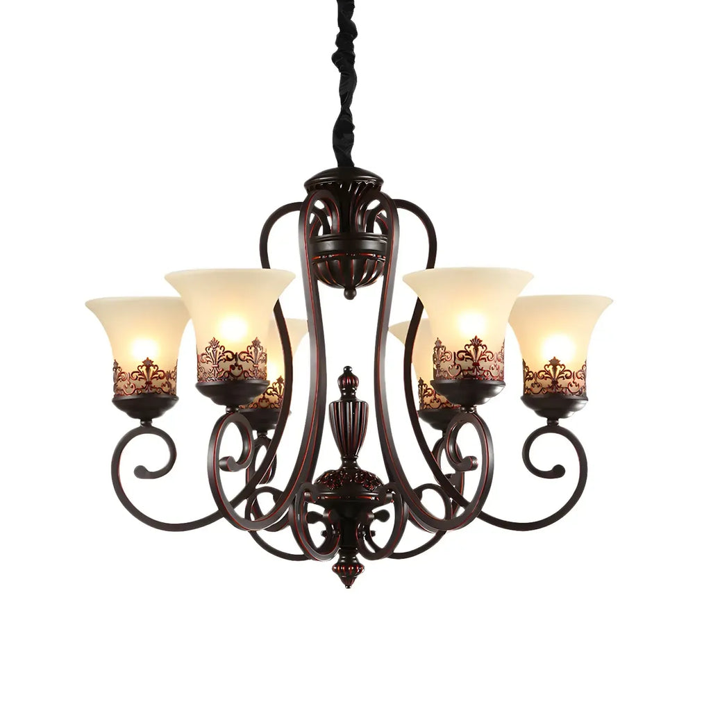 Rustic Red Brown Metal Frosted Glass Vintage Chandelier