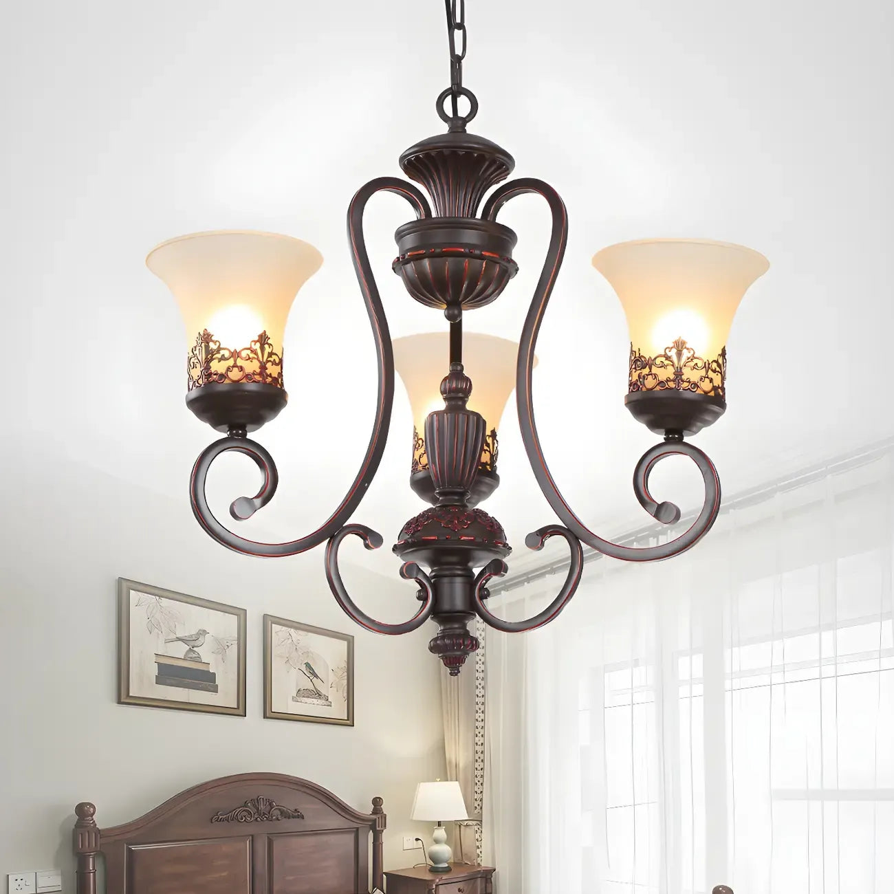 Rustic Red Brown Metal Frosted Glass Vintage Chandelier