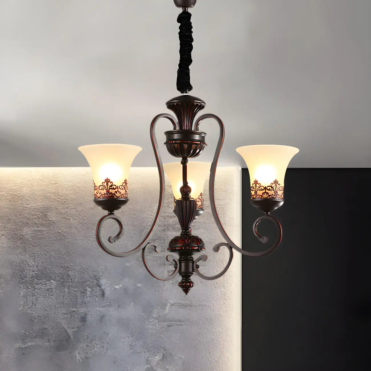 Rustic Red Brown Metal Frosted Glass Vintage Chandelier
