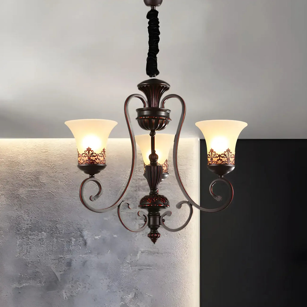 Rustic Red Brown Metal Frosted Glass Vintage Chandelier