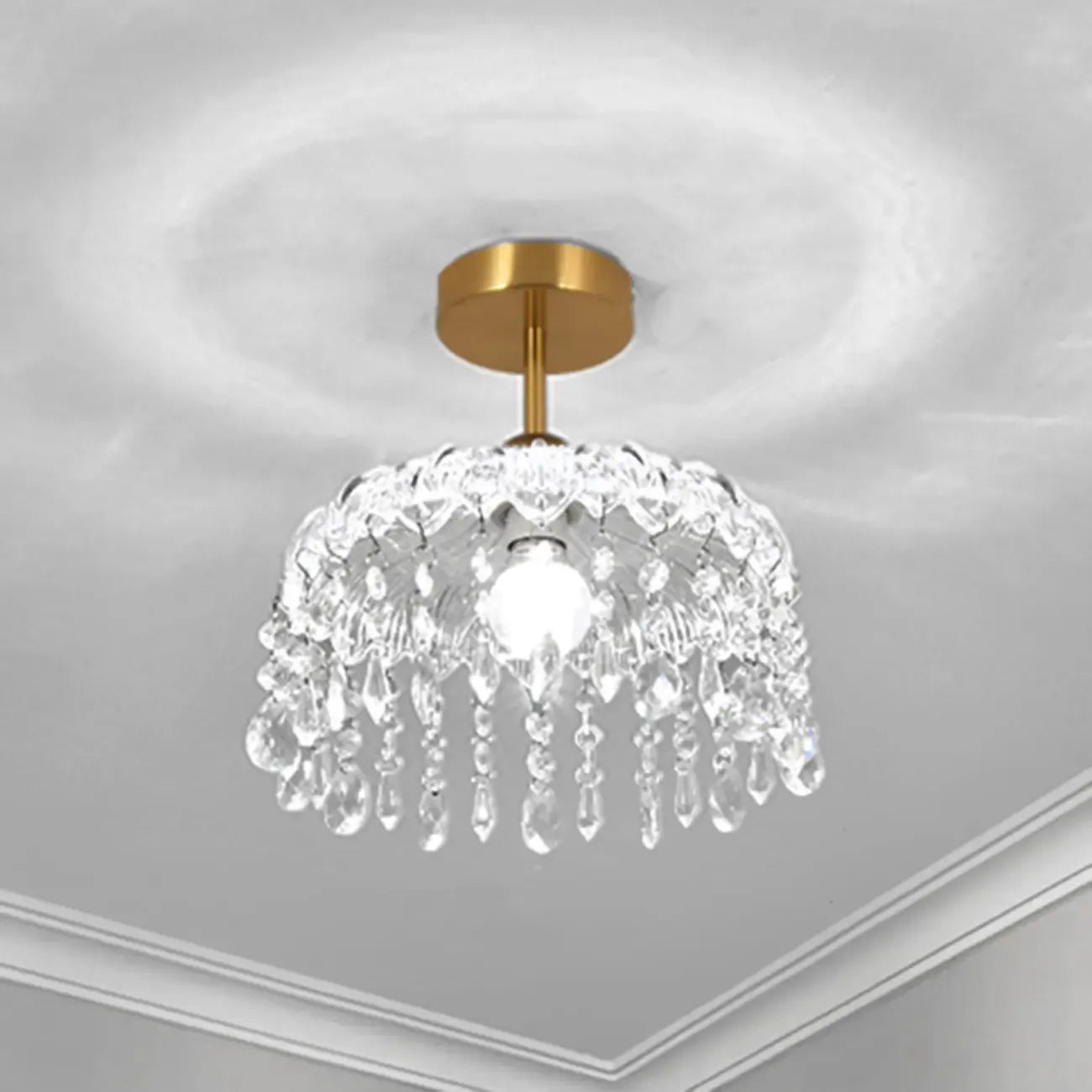 Mini 1 Light Gold Crystal Chandelier Semi Flush Ceiling Light