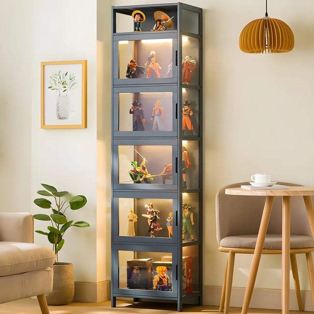 Modern Grey Bamboo Glass Display Cabinet for Living Room