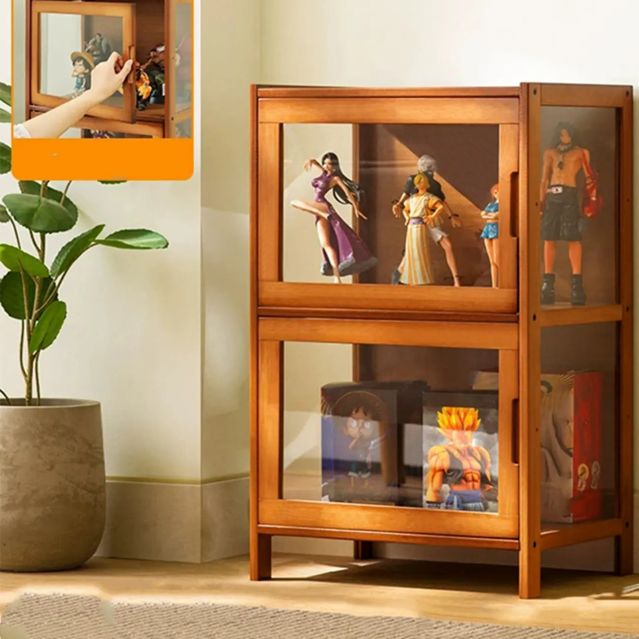 Modern Grey Bamboo Glass Display Cabinet for Living Room