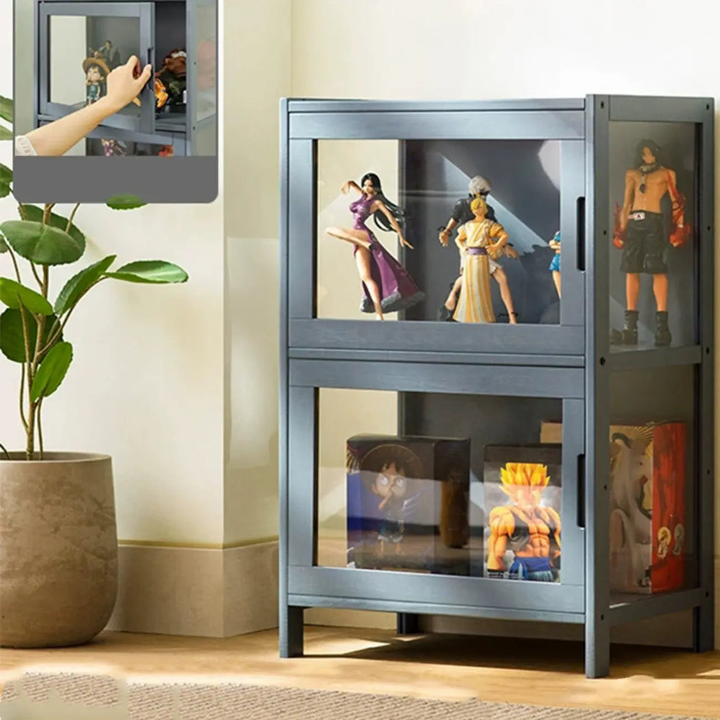 Modern Grey Bamboo Glass Display Cabinet for Living Room