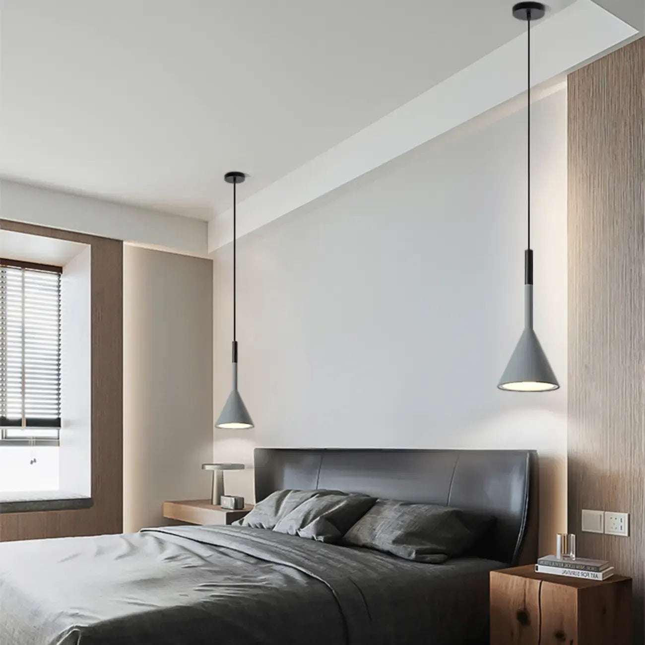 Aluminum Cone Minimalist Gray Bedroom Pendant Light