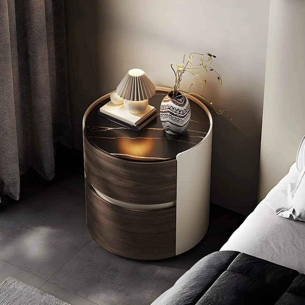 Modern Slate Countertop Round 2-Drawer Nightstand