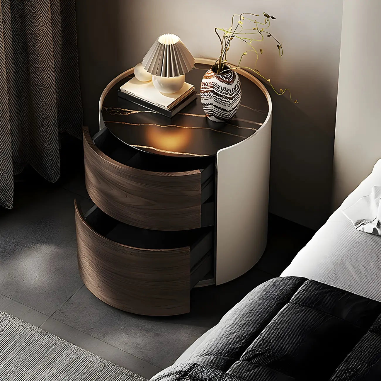 Modern Slate Countertop Round 2-Drawer Nightstand